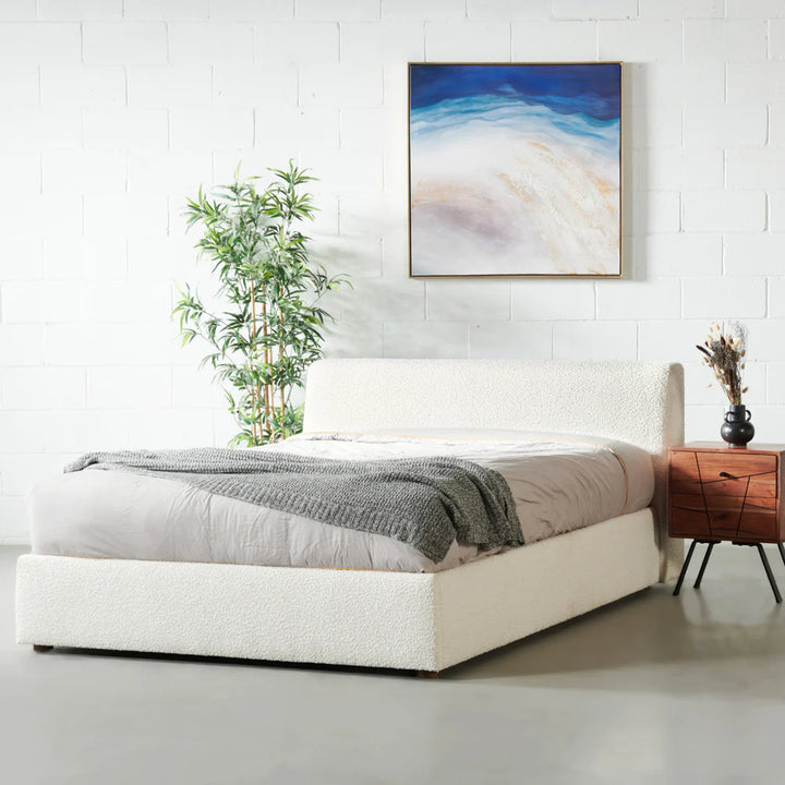 HARPER - Cream Boucle Fabric Lift Up Storage Platform Bed