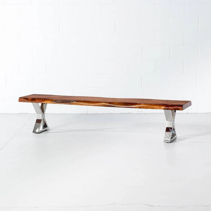 Acacia Live Edge Wood Bench with Chrome X-shaped Legs/Natural Finish