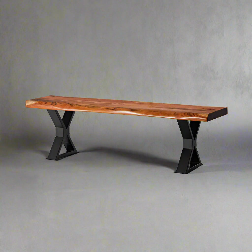 Acacia Live Edge Wood Bench with Black X-shaped Legs/Natural Color
