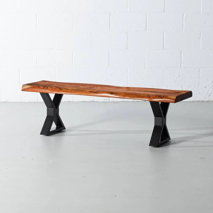 Acacia Live Edge Wood Bench with Black X-shaped Legs/Natural Color