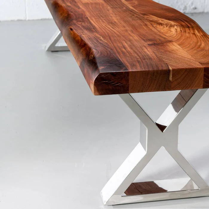 Acacia Live Edge Wood Bench with Chrome X-shaped Legs/Natural Finish