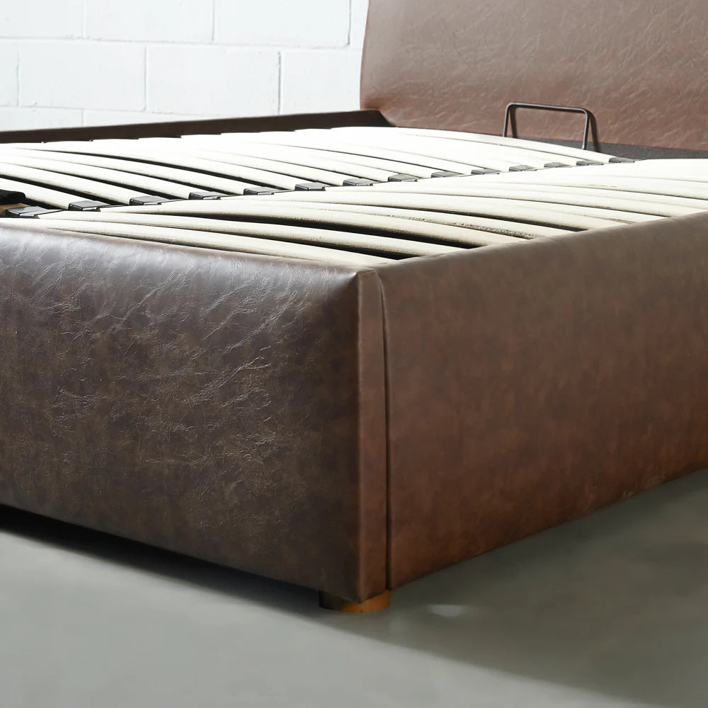 HARPER - Brown Vegan Leather Lift Up Storage Platform Bed - FINAL SALE