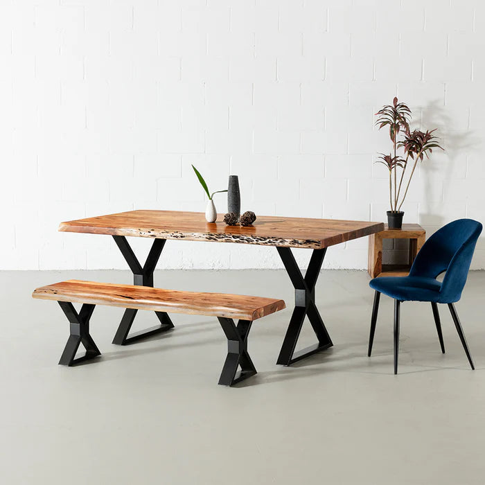 Acacia Live Edge Dining Table with Black X Shaped Legs/Natural Color