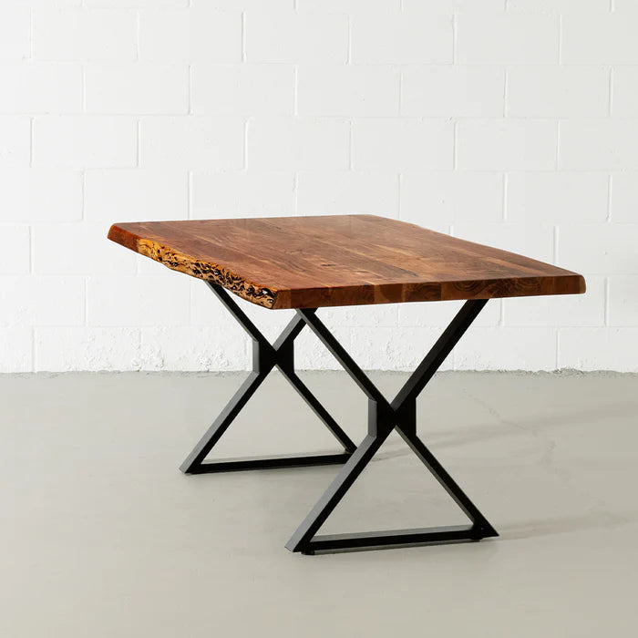 Acacia Live Edge Dining Table with Black X Shaped Legs/Natural Color