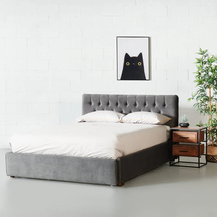 AMARA - Grey Fabric Bed with Storage