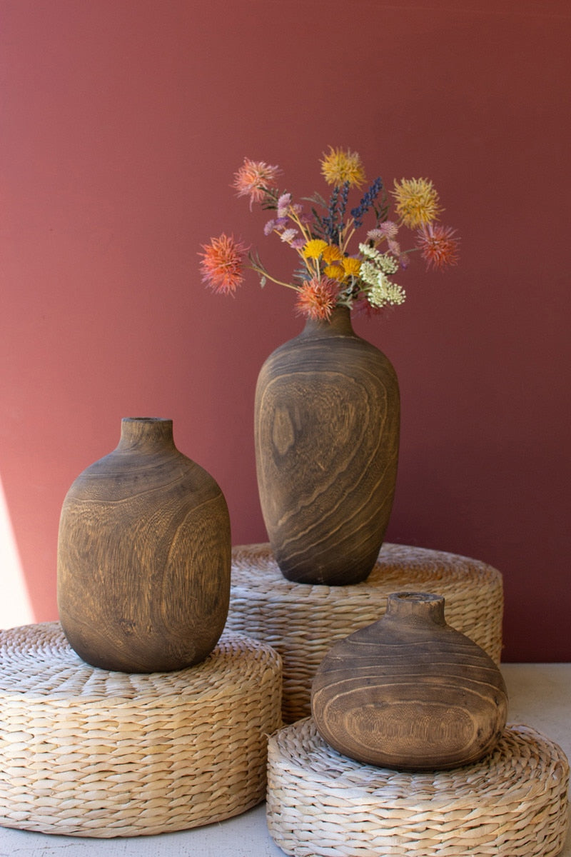 Set of 3 Wooden Vases with Walnut Finish