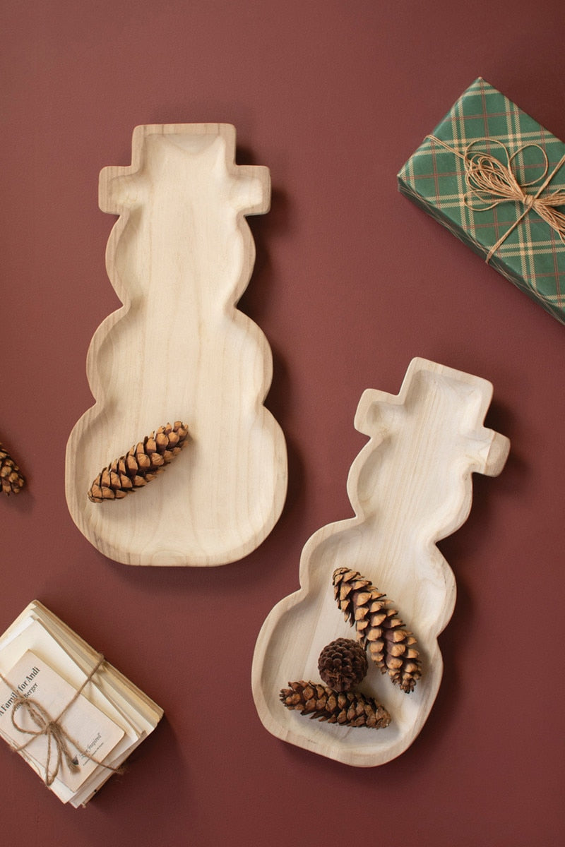 Set of 2 Carved Wood Snowmen Trays