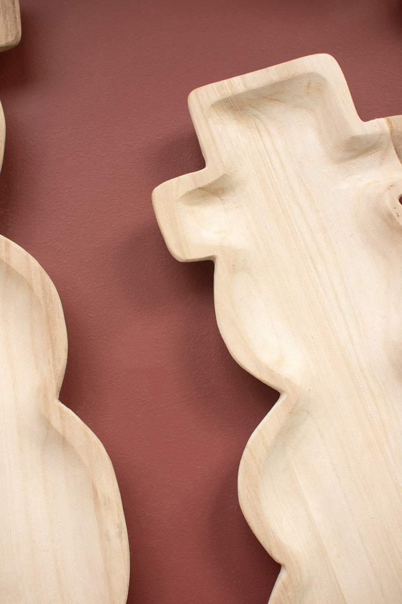 Set of 2 Carved Wood Snowmen Trays