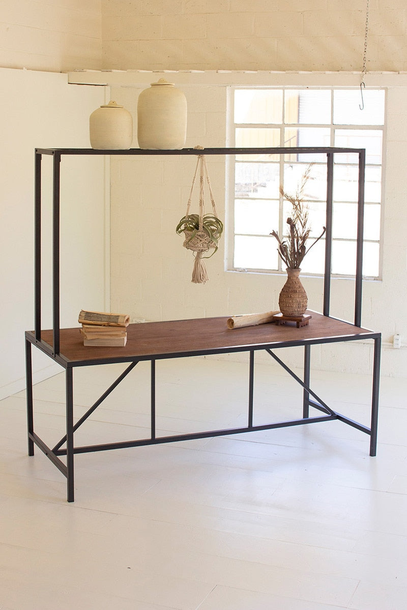 Double A-Frame Iron and Wood Three-Tiered Shelving Unit