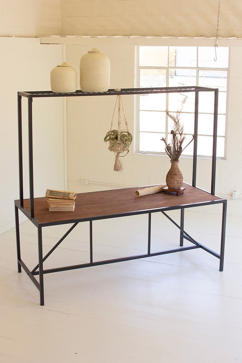 Double A-Frame Iron and Wood Three-Tiered Shelving Unit