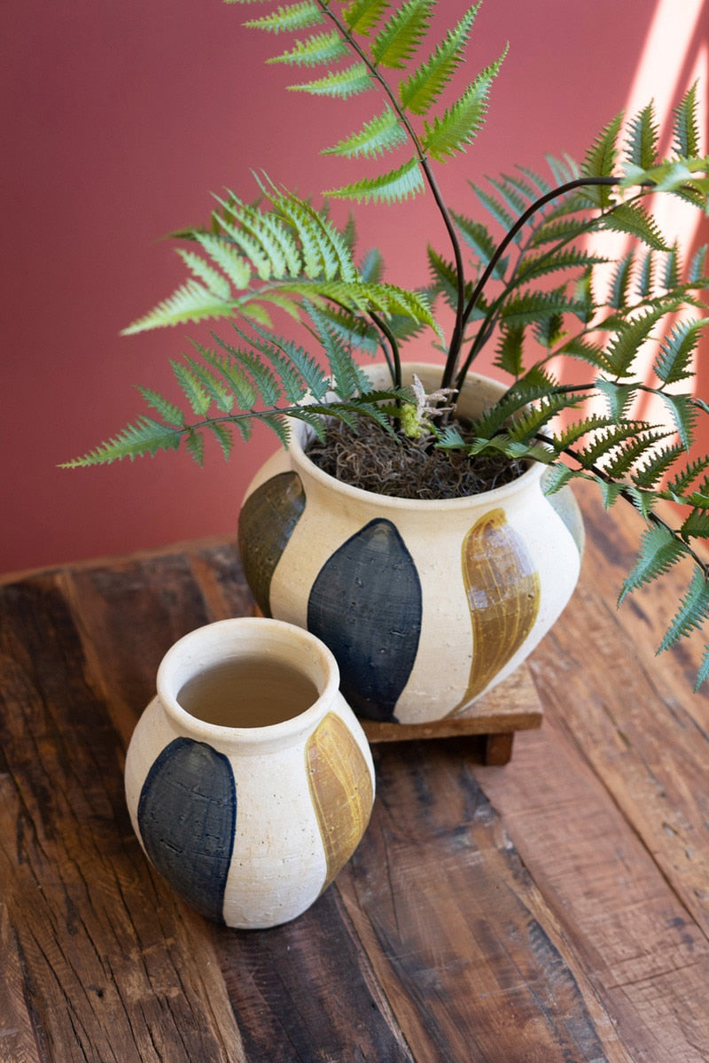 Set of 2 Blue, Mustard and Green Ceramic Vessels