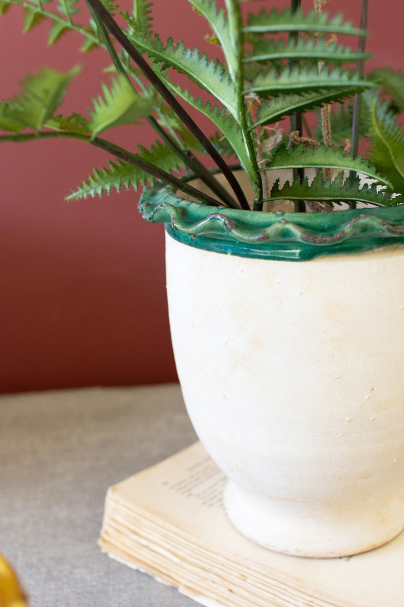 Set of 3 Ruffled Ceramic Flower Pots with Blue, Mustard and Green Details