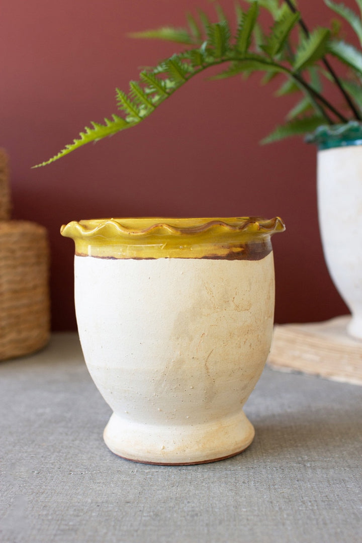 Set of 3 Ruffled Ceramic Flower Pots with Blue, Mustard and Green Details