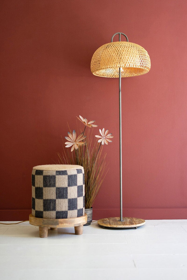 Metal and Wood Floor Lamp with Woven Cane Shade