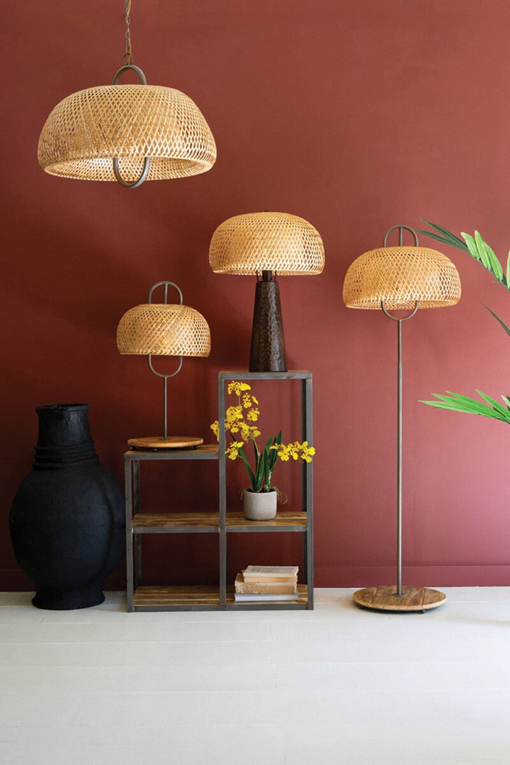 Metal and Wood Floor Lamp with Woven Cane Shade