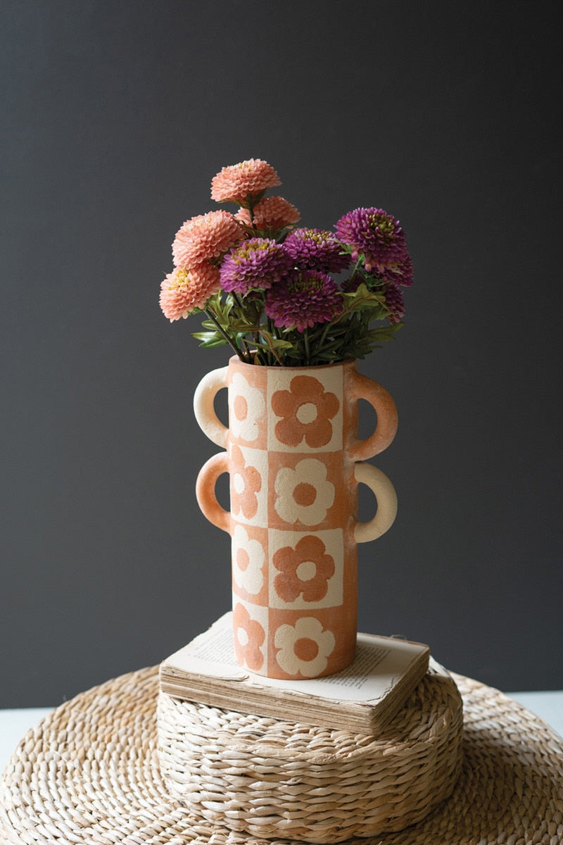 Graphic Flower Clay Cylinder Vase