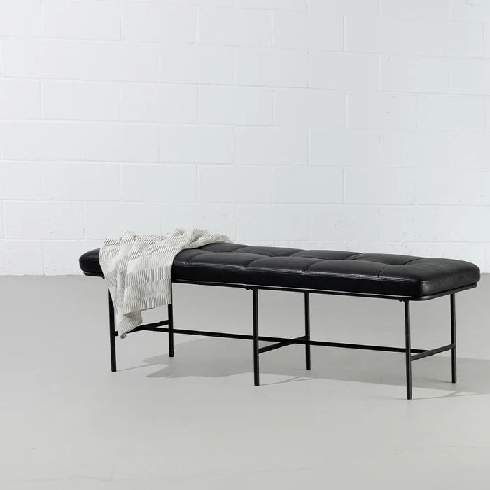 MILAN - Vintage Black Leather Bench w/ Black Metal Legs