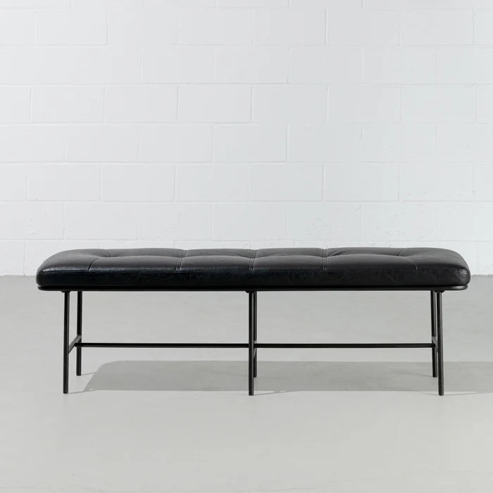 MILAN - Vintage Black Leather Bench w/ Black Metal Legs