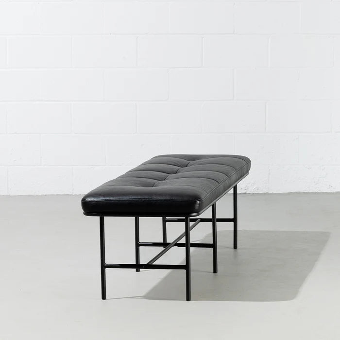 MILAN - Vintage Black Leather Bench w/ Black Metal Legs