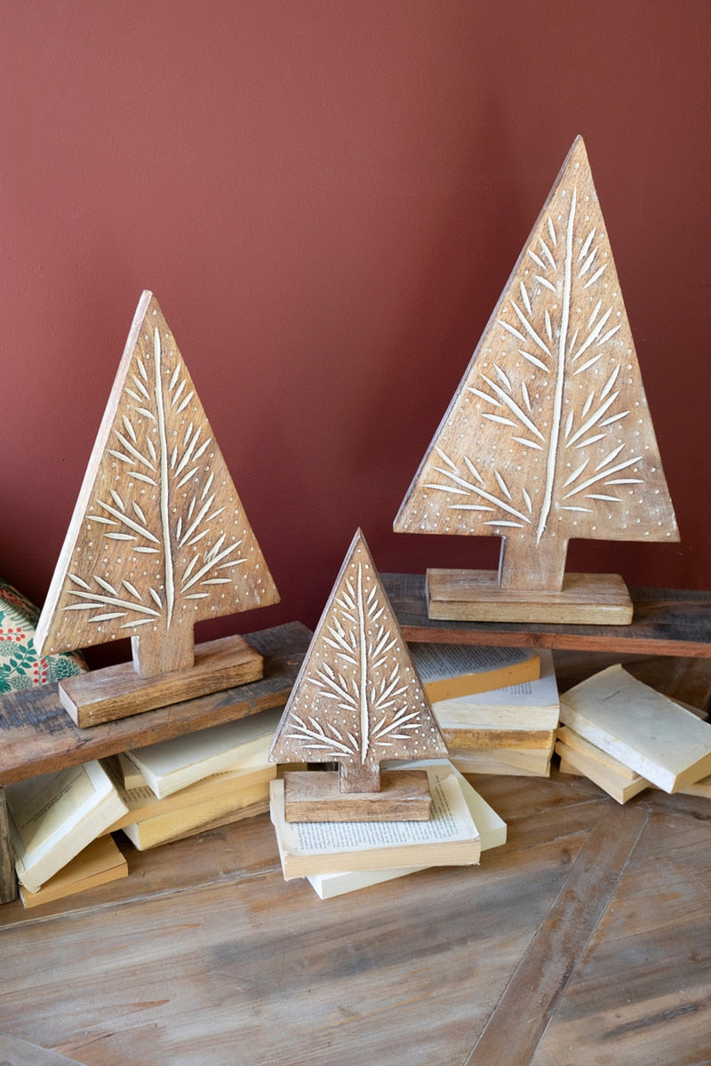 Set of 3 Carved Wood Christmas Trees on Stands