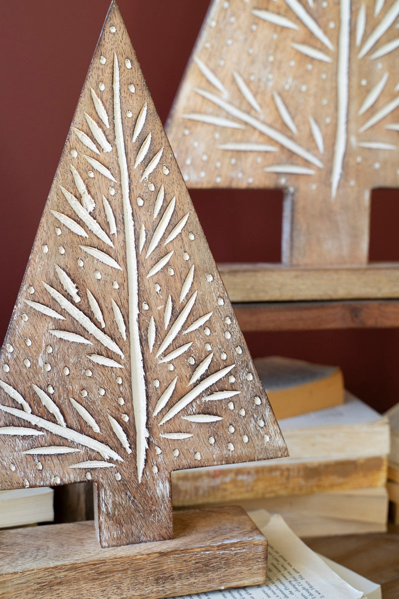 Set of 3 Carved Wood Christmas Trees on Stands