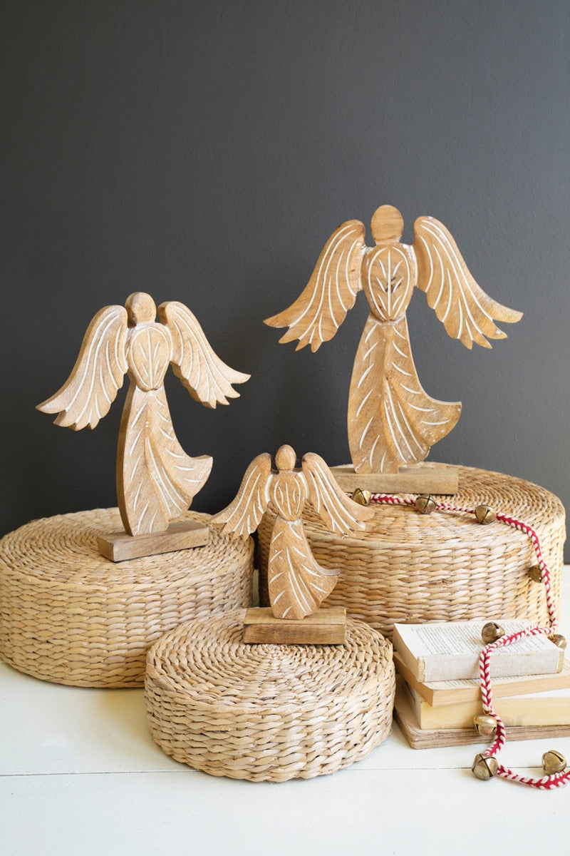 Set of 3 Carved Wooden Angels on Stands