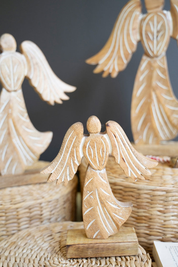 Set of 3 Carved Wooden Angels on Stands