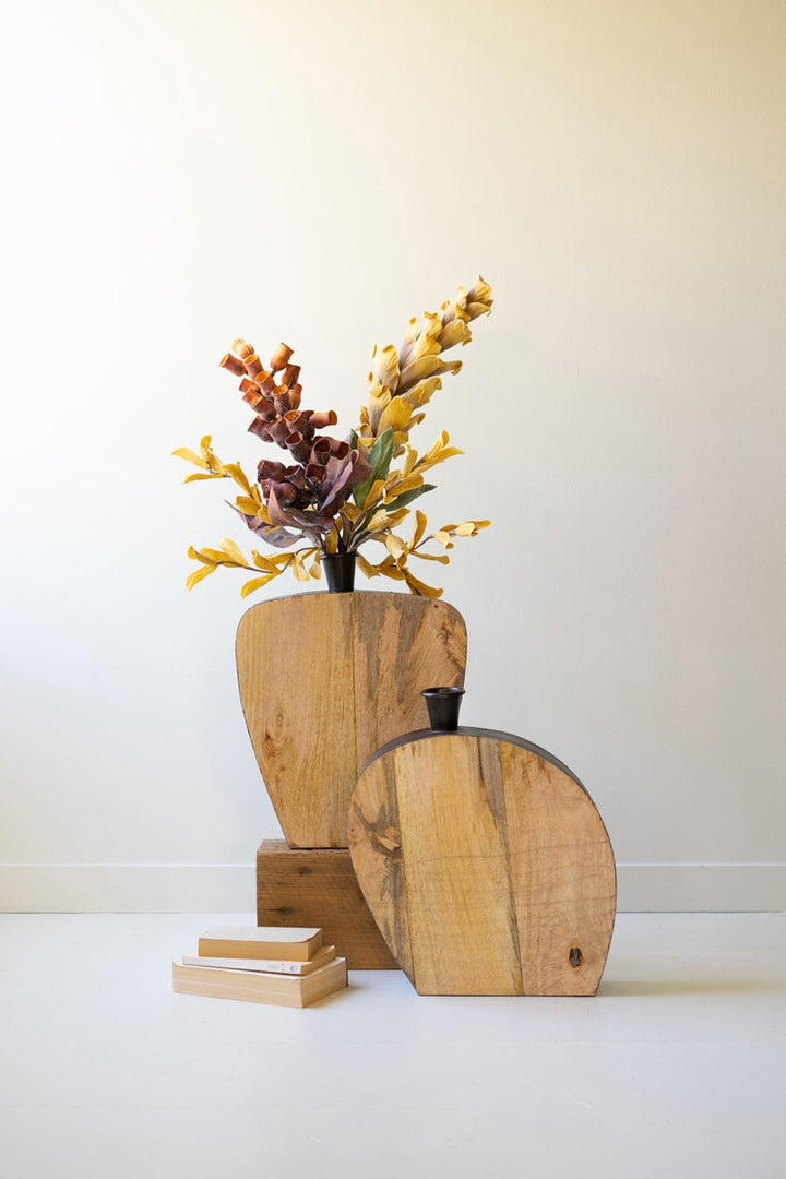 Set of 2 Mango Wood and Metal Vases