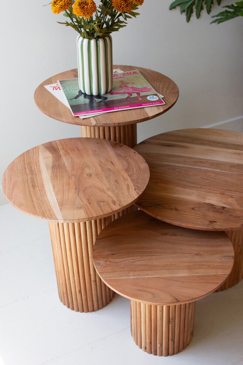 Set of 4 Acacia Wood Accent Tables with Tambour Bases