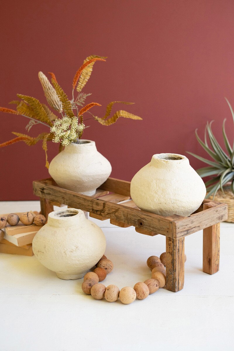 Three Paper Mache Pots on a Recycled Wood Base