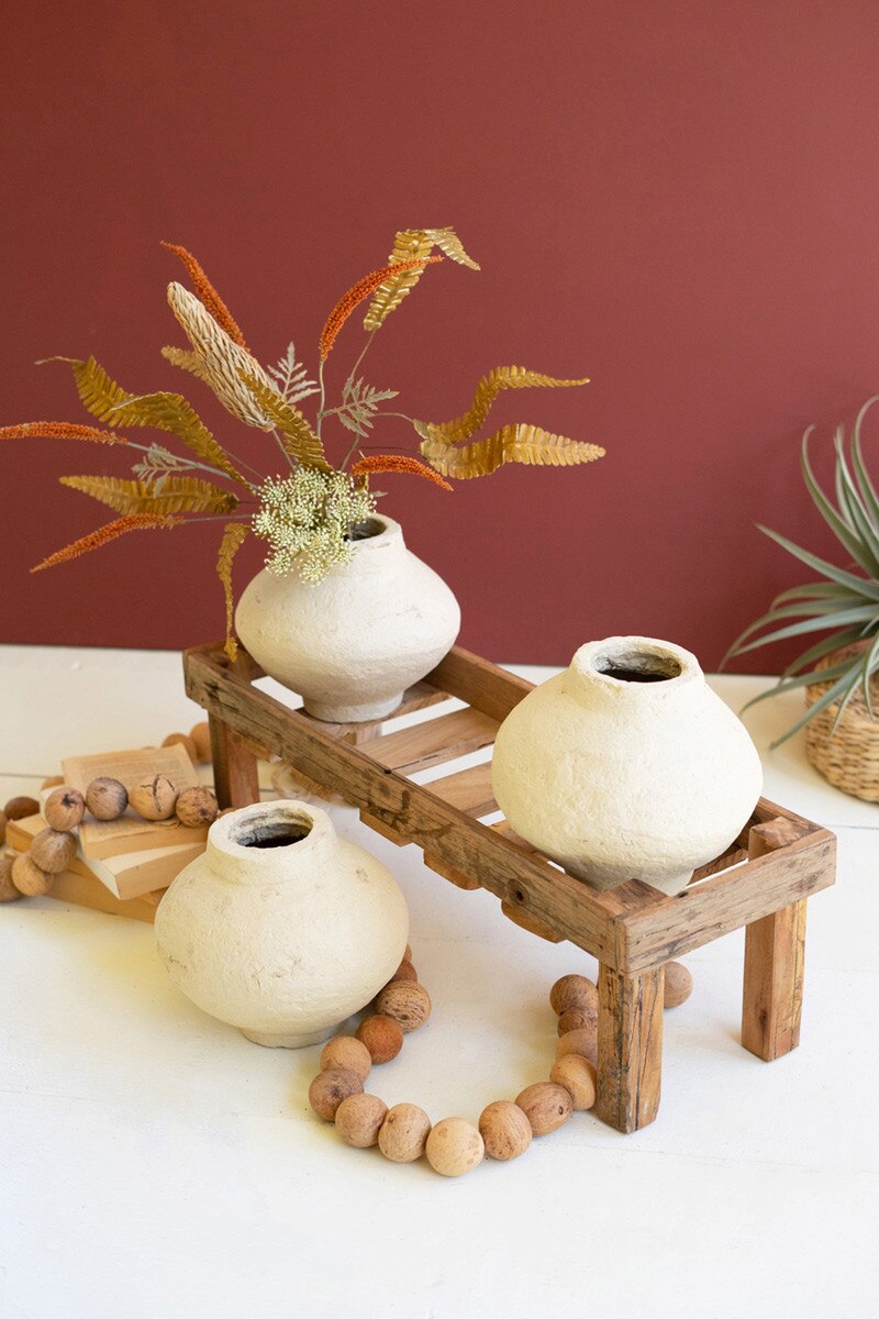 Three Paper Mache Pots on a Recycled Wood Base