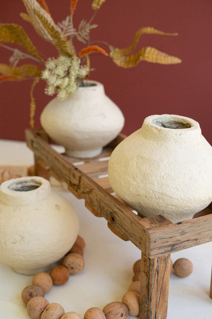 Three Paper Mache Pots on a Recycled Wood Base