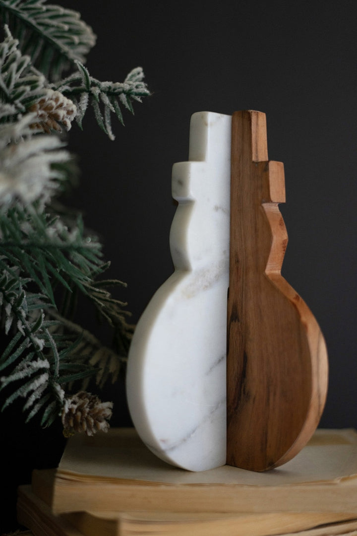 White Marble and Acacia Wood Snowman